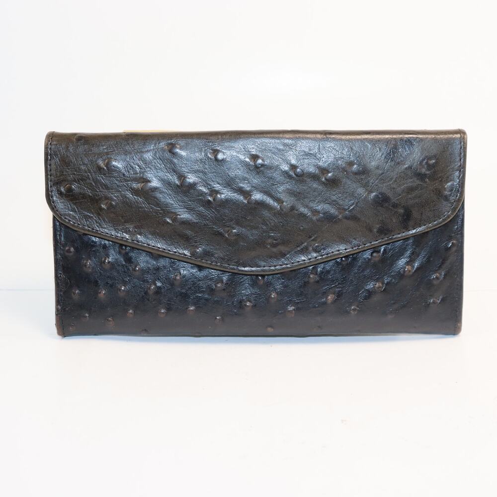 Vintage Bang Jeun Ostrich Leather Wallet Black‎ Genuine Ostrich Envelope Style